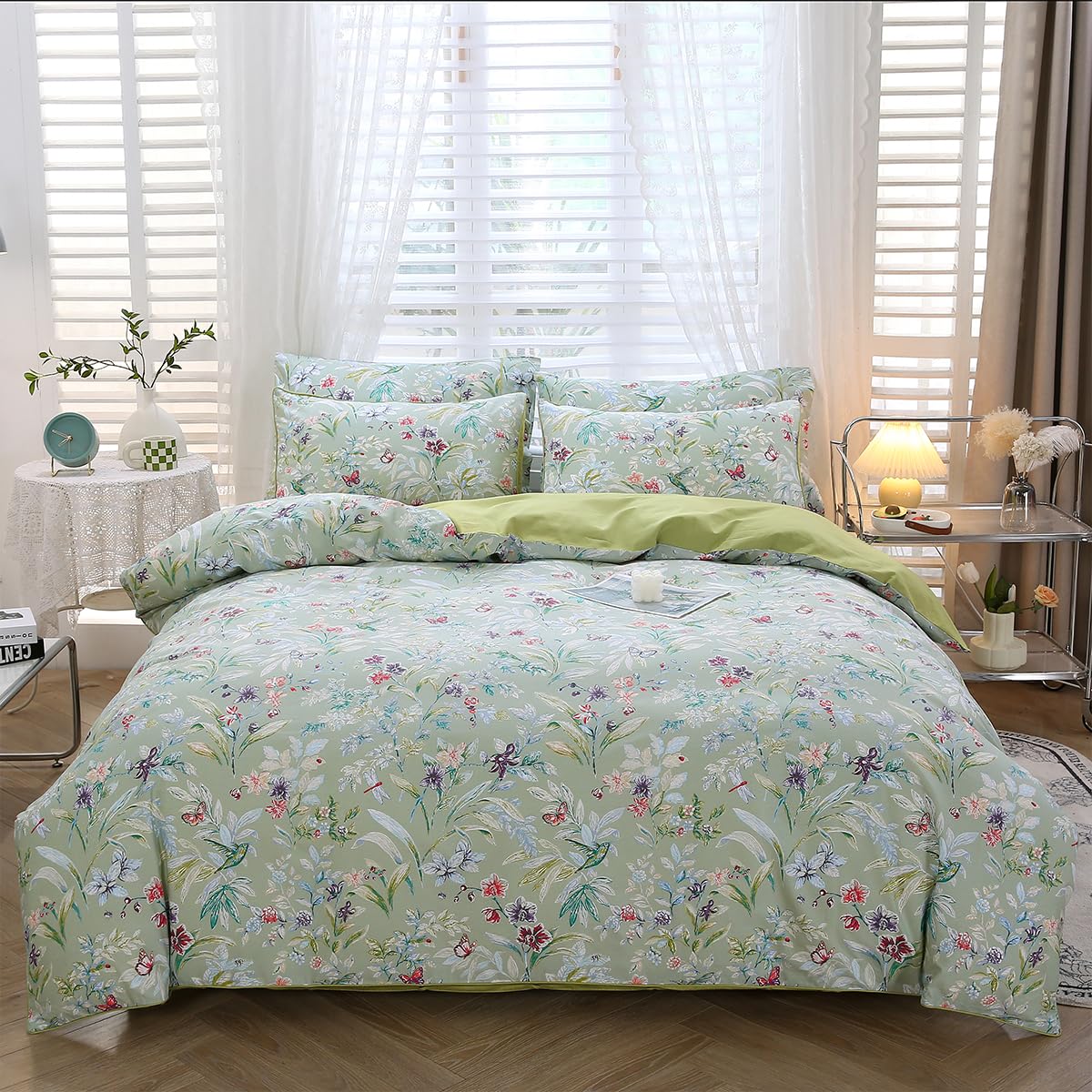 STYHO 3 Pieces Green Floral Bedding Sets Double Size Egyptian Cotton Flower Duvet Covers with Pillowcases Ultra Soft Botanical Duvet Cover Set for Women Adults(Green Floral, Double)
