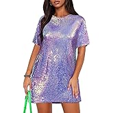 Ophestin Women's Sparkly Sequin T Shirt Dress Short Sleeve Crewneck Tie Backless Glitter Party Club Dresses