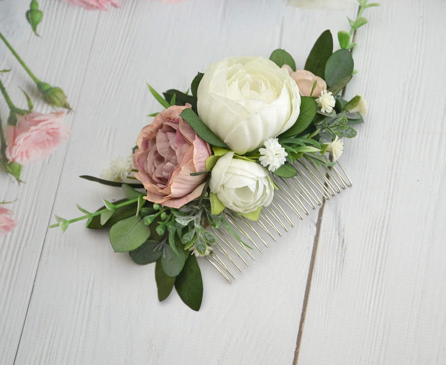 Mauve Wedding Comb For Bride White Peony Flower Comb Bridal Hair Piece Wedding Hair Clip Handmade Products Jewelry