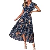 Simplee Womens Summer Floral Maxi Dress 2026 Short Sleeve V Neck Belted Mesh Hem Split Flowy Beach Wedding Guest Dresses