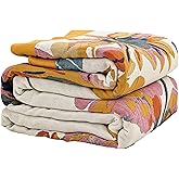 Boho Throw Blanket for Bed 60”x80”, 100% Cotton Woven Blanket for Couch Sofa, Ultra Soft 4-Layer Muslin Quilt with Floral Printed, Farmhouse Bed Blanket/Cover for Living Room Decor