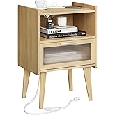 MMEOLUOOK Nightstand with Charging Station, Bedside Tables with Glass Decorative Door, Natural End Table, Side Table with 2 Tiers Storage Space for Bedroom Living Room CAMLBZ07YE