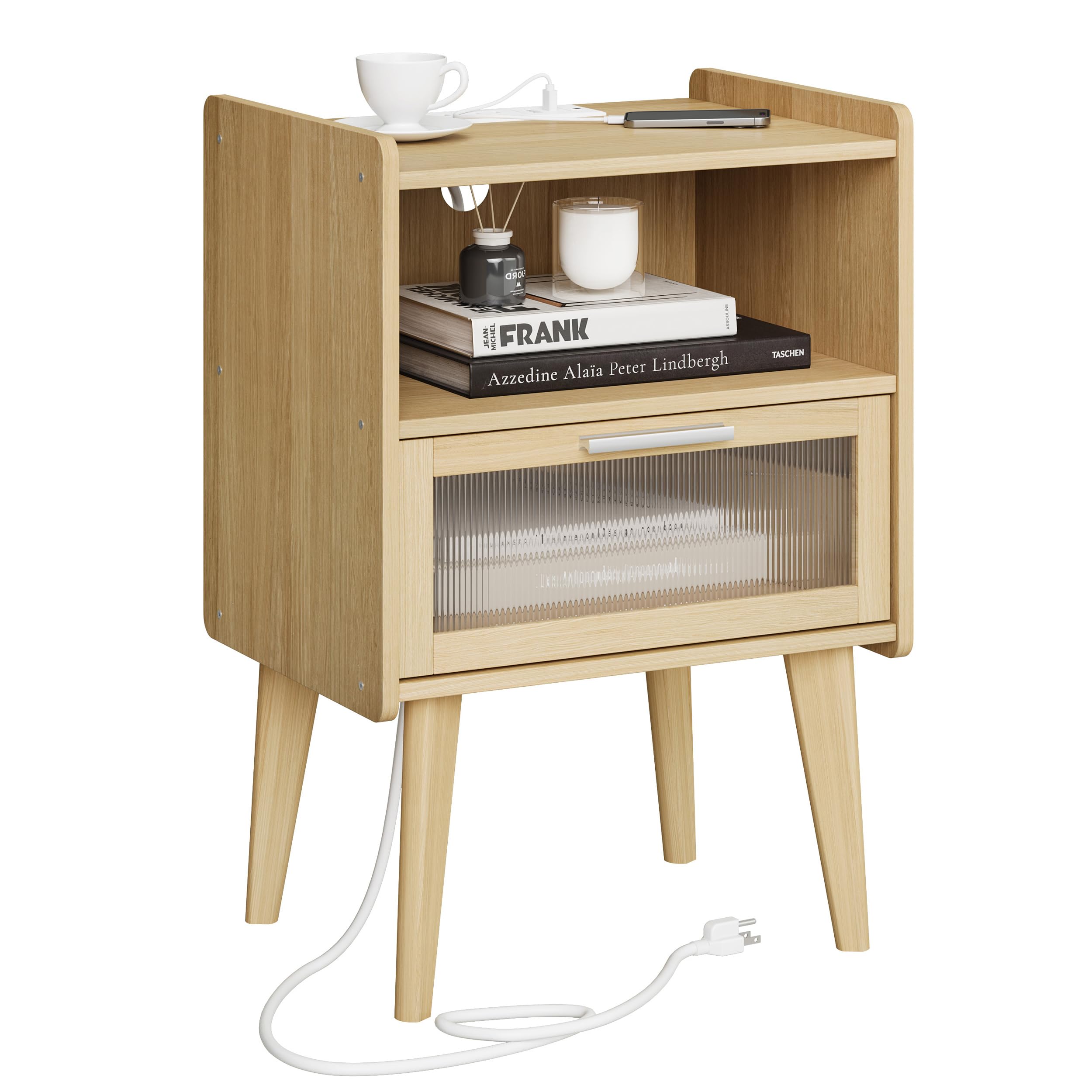 Photo 1 of MMEOLUOOK Nightstand with Charging Station, Bedside Tables with Glass Decorative Door, Natural End Table, Side Table with 2 Tiers Storage Space for Bedroom Living Room CAMLBZ07YE