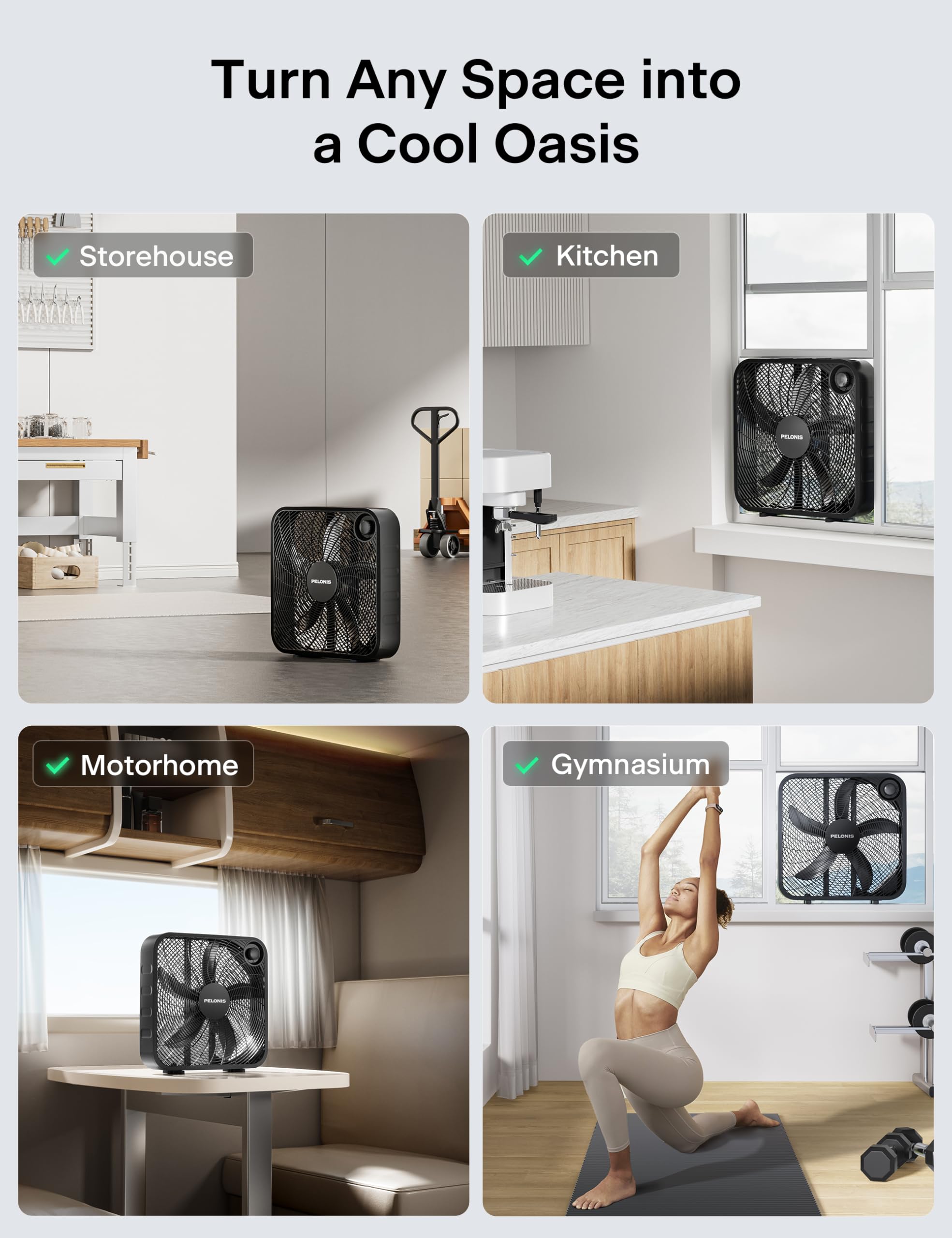 PELONIS 20 Inch Box Fan – 3 Speeds, Window Fans, Floor or Tabletop, 25ft/s, 2025 Upgraded, Superior Air Throw (2295 CFM), Lightweight, 5 Blades, Fans for Bedroom, Office, Living Room, Garage