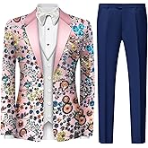 Olibexley Mens Applique Floral Suit 2 Piece Pink Suquin Pattern Slim Fit Men's Suit Set Party Dress 2 Button Blazer Pants