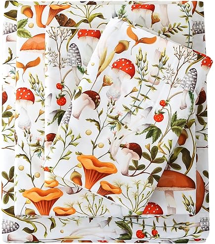 Urban Lifestyle 4-Piece Wild Mushroom Print Sheet Set - Full Size, Microfiber, Includes Fitted, Flat & 2 Pillowcases