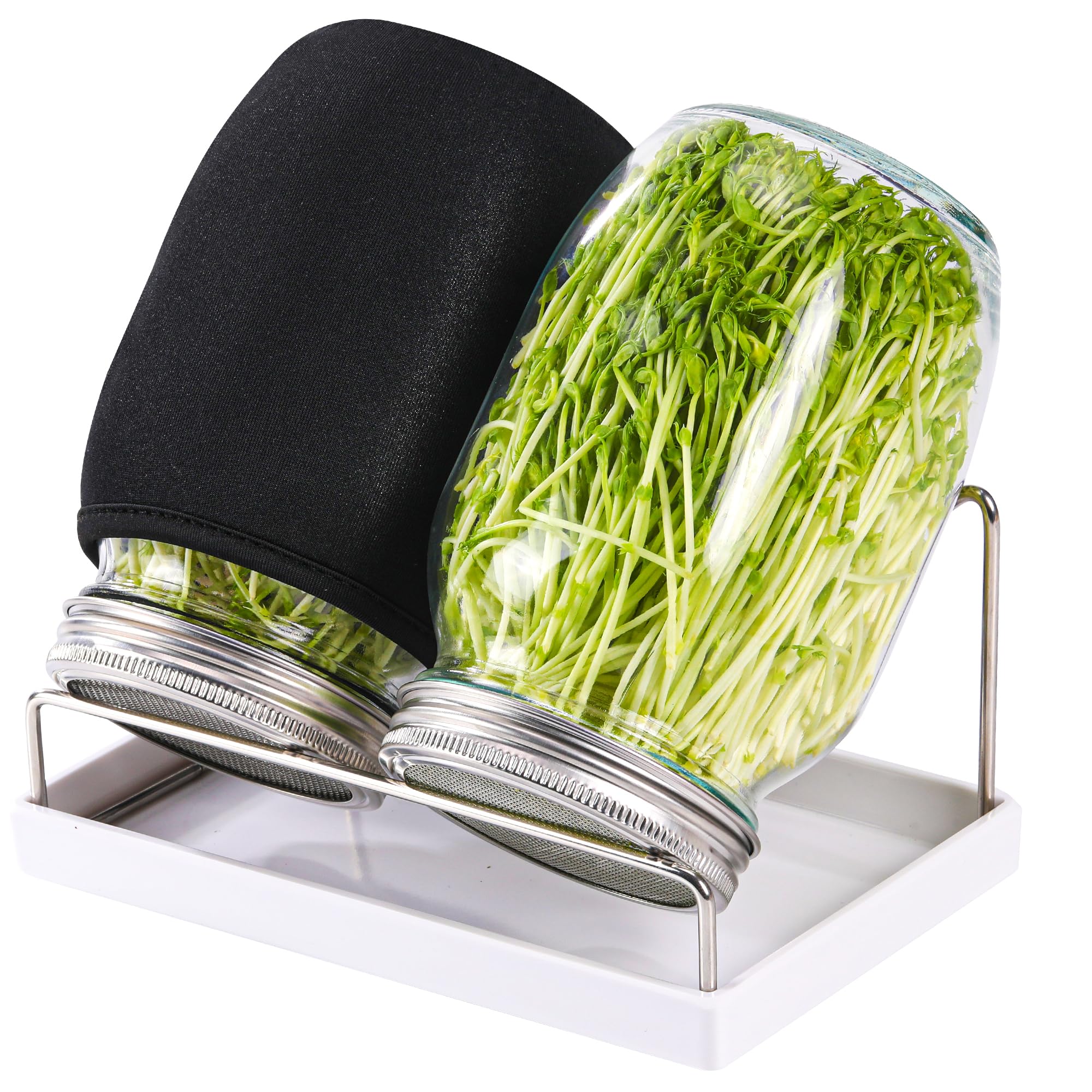 Sprouting Kit,Seed Sprouting Jar Kit,2Pcs Large Wide Mouth Mason Jar with 304 Stainless Steel Screen Sprout Lid,Sprout Jar Stand,Tray,Blackout Sleeves,Sprouts Growing Kit for Broccoli,Mung Bean
