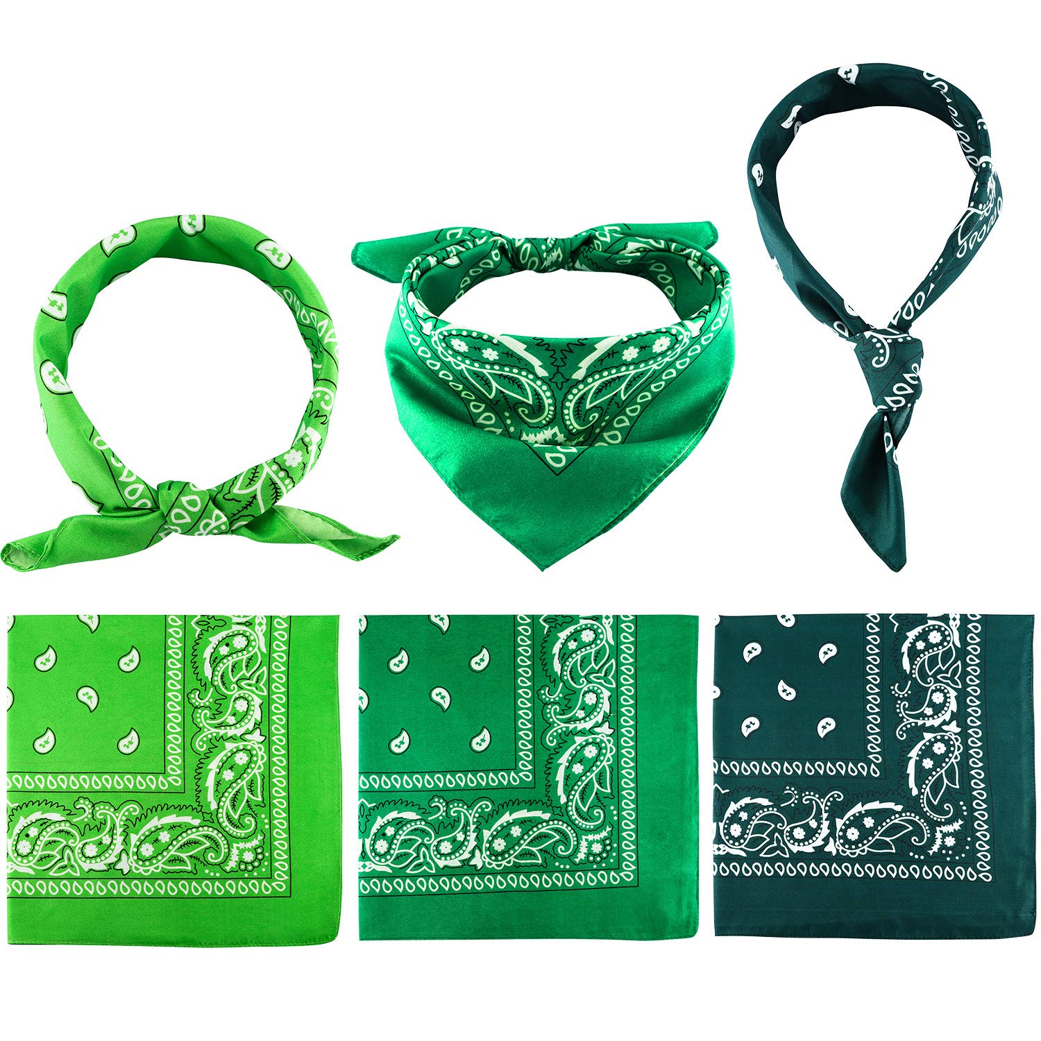 Blulu 6 Pcs Assorted Green Neon Color Cowboy Bandanas for Men Women Assorted Paisley Pattern Handkerchiefs 22 x 22 Inch Kids Headwrap Scarfs