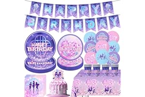 104Pcs Singer Kpop Birthday Party Decorations, Purple and Pink Party Tableware Set Include Banner, Plates, Napkins, Forks, Ta