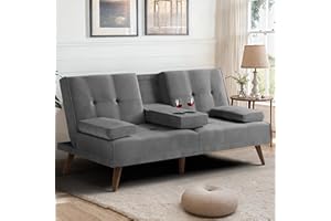 Meilocar Sofa Bed Velvet, 60" Loveseat Futon Sofa Bed with Removable Armrests, Adjustable Recliner Guest Bed Daybed Small Sofa for Small Space, Cup Holders, 3 Angles, Light Gray