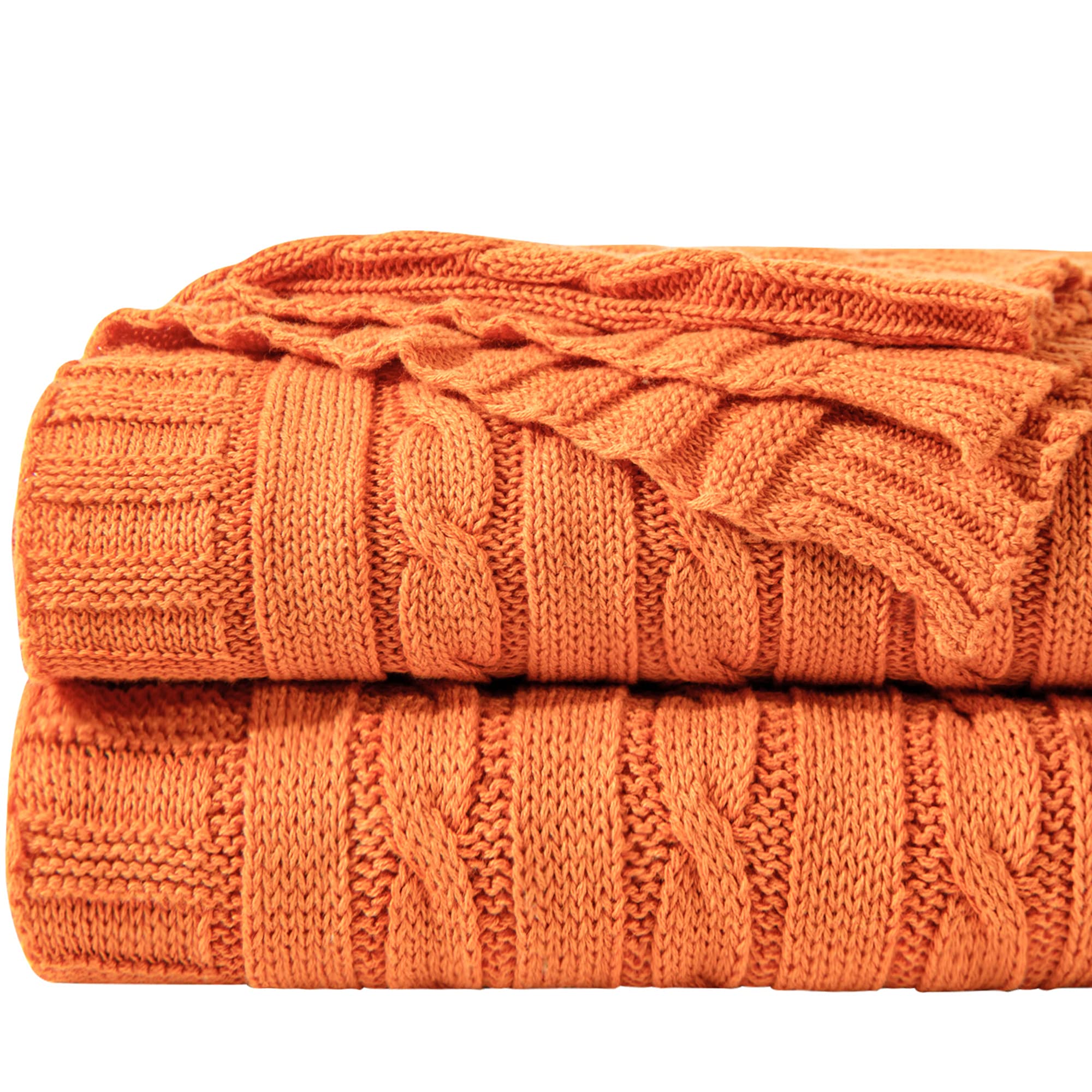NTBAY 100% Pure Cotton Cable Knit Throw Blanket, Super Soft Warm 130x170 Knitted Throw Blanket for Couch, Sofa, Chair, Bed - Extra Cozy, Machine Washable, Comfortable Home Decor, Orange, 130x170 cm