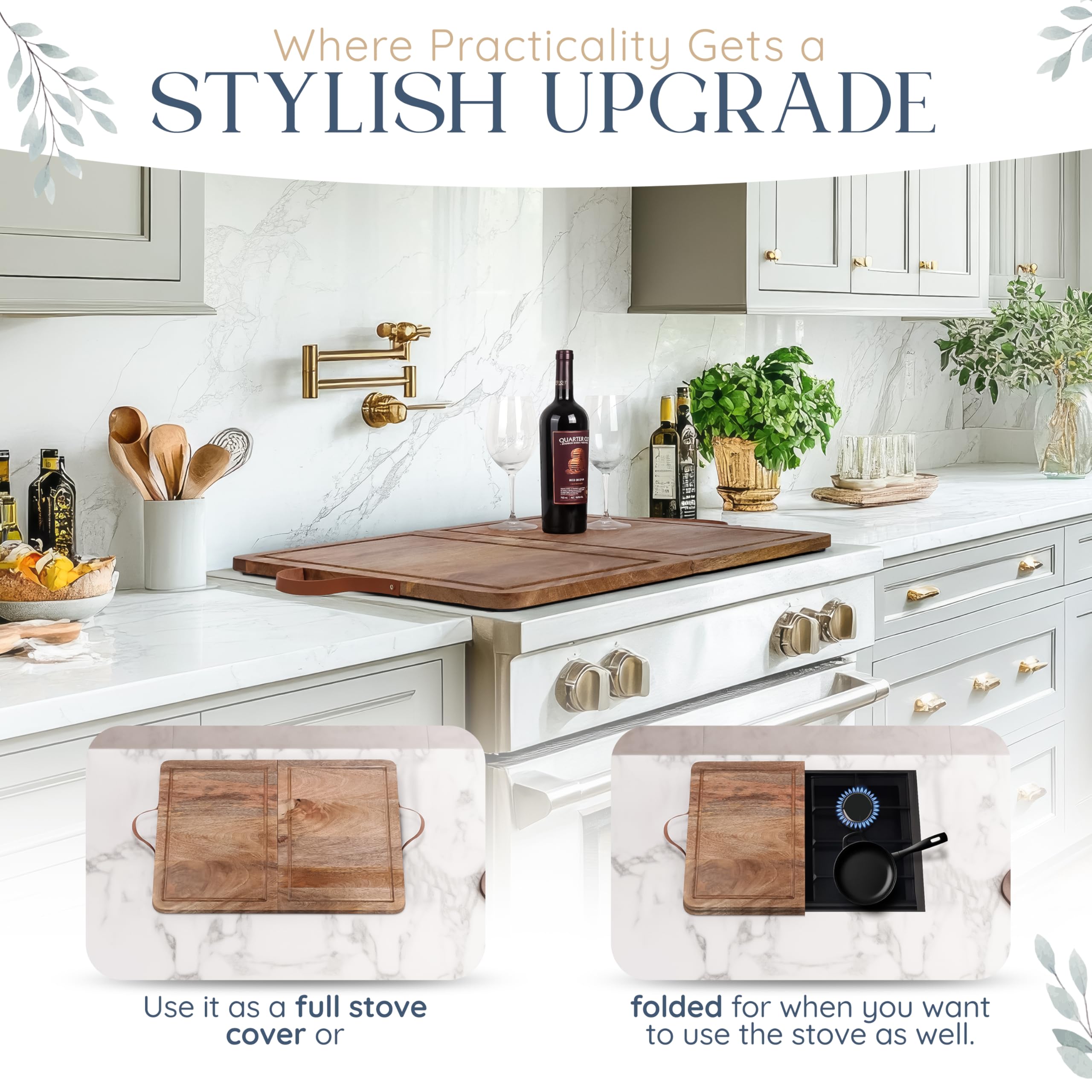Wooden Stove Top Cover Board for Gas Burner & Electric Stove, Mango Wood Noodle Board Stove Cover with Handle for Gas Stovetop 4 & 5 Burners, Stove Top Cutting Board Oven Top Cover Cooktop Protector