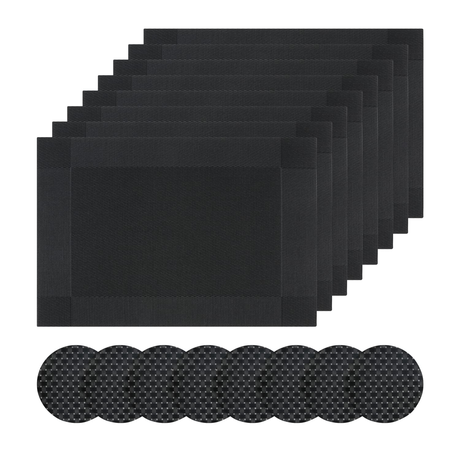 Famibay Placemats and Coasters Sets of 8 Place Mats Washable Heat Resistant Dinner Table Mats and Coasters Black for Kitchen Dining Restaurant