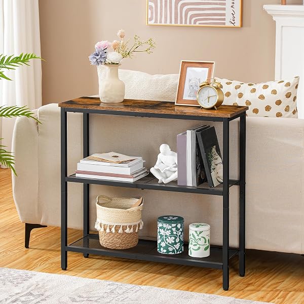 HOOBRO 29.5″ NARROW CONSOLE TABLE, 3-TIER ENTRYWAY TABLE, THIN SOFA TABLE WITH SHELVES, SIDE TABLE, DISPLAY TABLE, FOR HALLWAY, ENTRANCE, LIVING ROOM, BEDROOM, RUSTIC BROWN AND BLACK BF73XG01