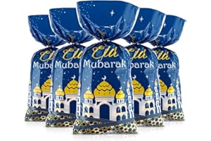Blulu 100 Pcs Eid Mubarak Gift Bags Ramadan Decorations Clear Goodie Candy Plastic Cellophane Treat Bags with Silver Twist Ties for Eid Mubarak Party(Blue Gold)