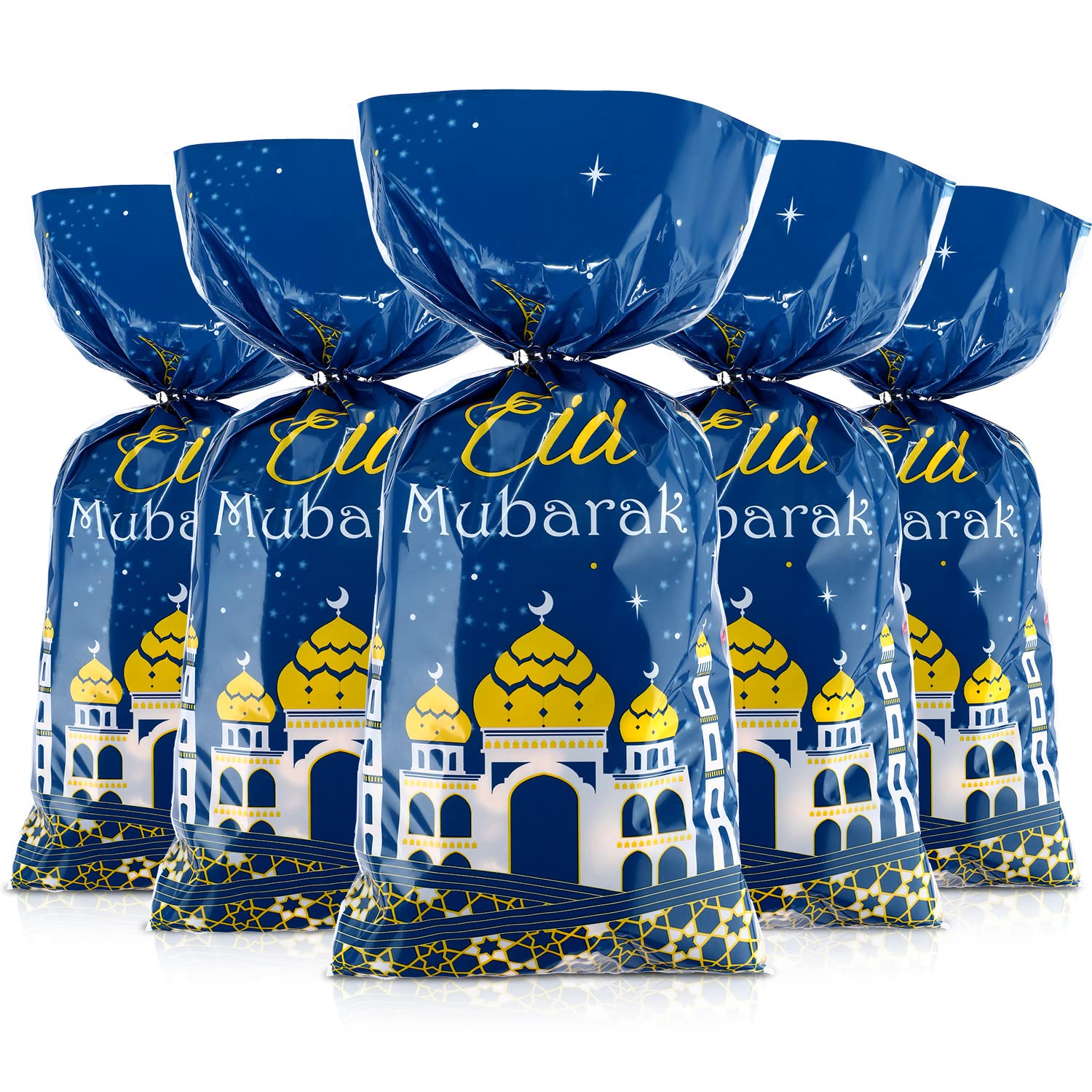 100 Pieces Eid Mubarak Party Treat Bags, Blue Gold Ramadan Theme Printed Pattern Gift Bags Cellophane Clear Plastic Goodie Favor Bags with 100 Silver Twist Ties for Eid Mubarak Party Decoration