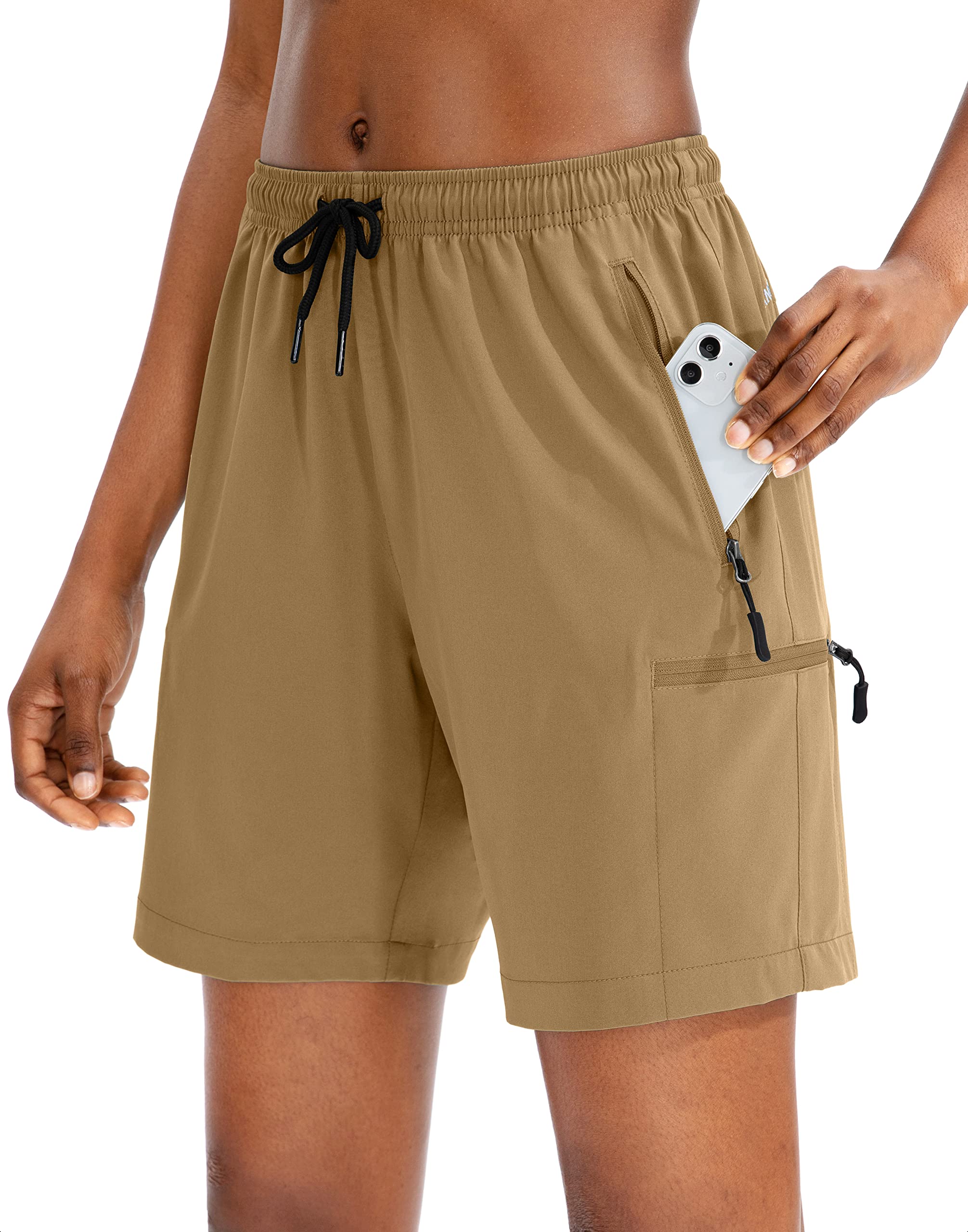 Photo 1 of SANTINY Women's 5''/ 7''/9'' Hiking Cargo Shorts Quick Dry Lightweight Summer Shorts for Women Athletic Golf Zipper Pockets(Dark Khaki_M)