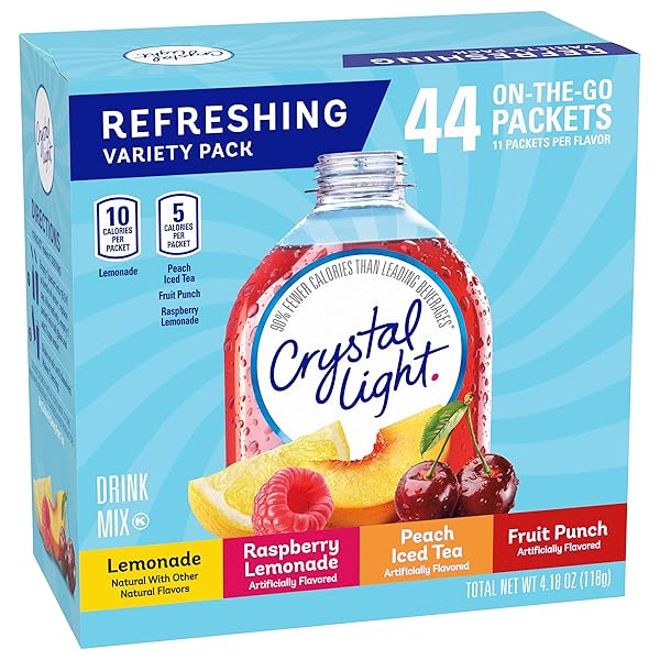 CRYSTAL LIGHT REFRESHING DRINK MIX VARIETY PACK, 44 PACKETS, FOR CONVENIENT HYDRATION, LEMONADE, RASPBERRY LEMONADE, PEACH ICED TEA, FRUIT PUNCH, NATURAL AND ARTIFICIAL FLAVOR, ZERO SUGAR, 4.18 OZ