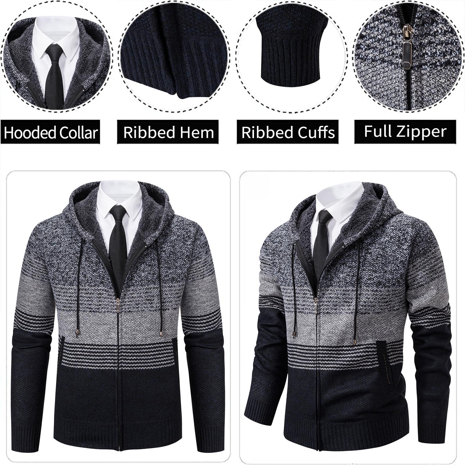 Mylldey Mens Hoodies Knit Sweater, Full Zip Fleece Lined Cardigan Sweaters Casual Regular Fit Knit Hooded Men Sweater Jacket