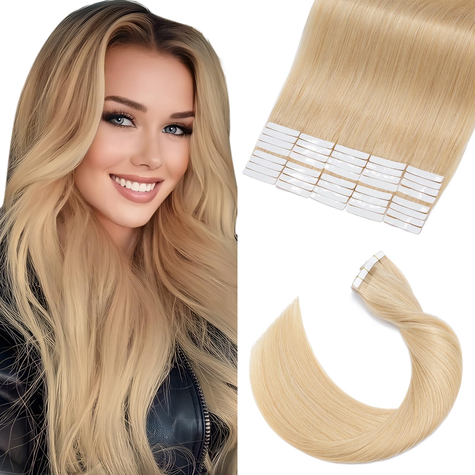 Elailite Tape in Hair Extensions Human Hair 40 pcs - Seamless Skin Weft Real Remy Hair Extension Straight (#24 Natural Blonde, 14 Inch-80g)