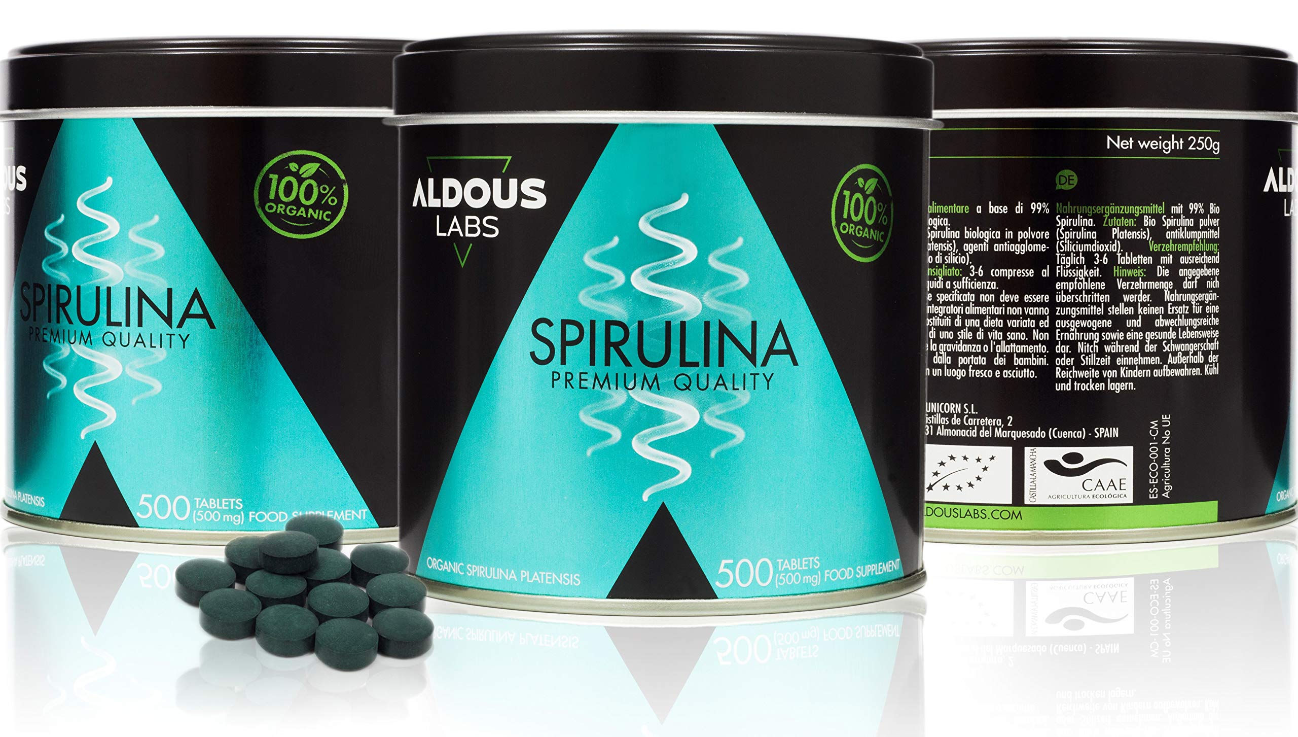 Spiruline biologique Premium - 165 jours de traitement - 500 comprimés de 500 mg - Protéine végétale rassurante - DETOX - Zéro plastique - Certifié Bio