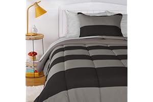 �鶹�� Basics Kids Easy-Wash Microfiber Bed-in-a-Bag Rugby Stripe Bedding Set - Twin, Black/Grey