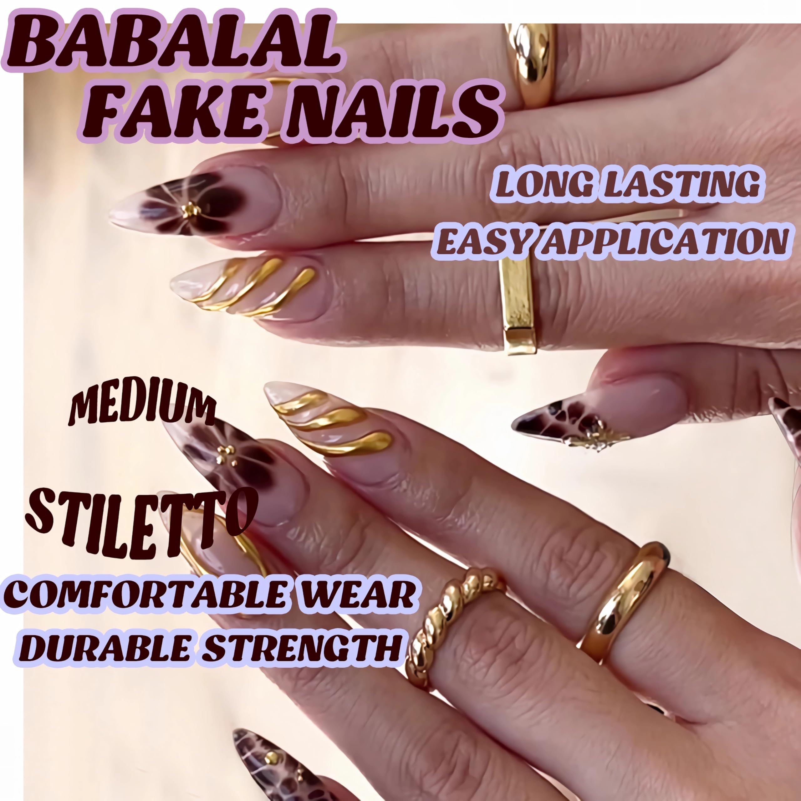 BABALAL Press on Nails Medium Almond Fake Nails Brown Glue on Nails Fall Flower 3D Gold Texture Design Acrylic Nails 24Pcs Handmade Stiletto Stick on False Nails - Image 7