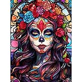 Sugar Skull Girl Diamond Painting DIY 5D, Numbering Kit,Red Rose Flowers Artwork/Pictures Mexico Day of The Dead Wall Art Crystal Rhinestone Embroidery Painting Home Decor Adults Gift(12''Wx 16''H)