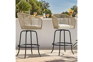 YITAHOME Counter Height Bar Stools Set of 2, Outdoor Bar Stools with Soft Cushions, Patio Rattan Swivel Bar Chairs for Backyard Poolside, Garden w /360 Rotation (Beige)