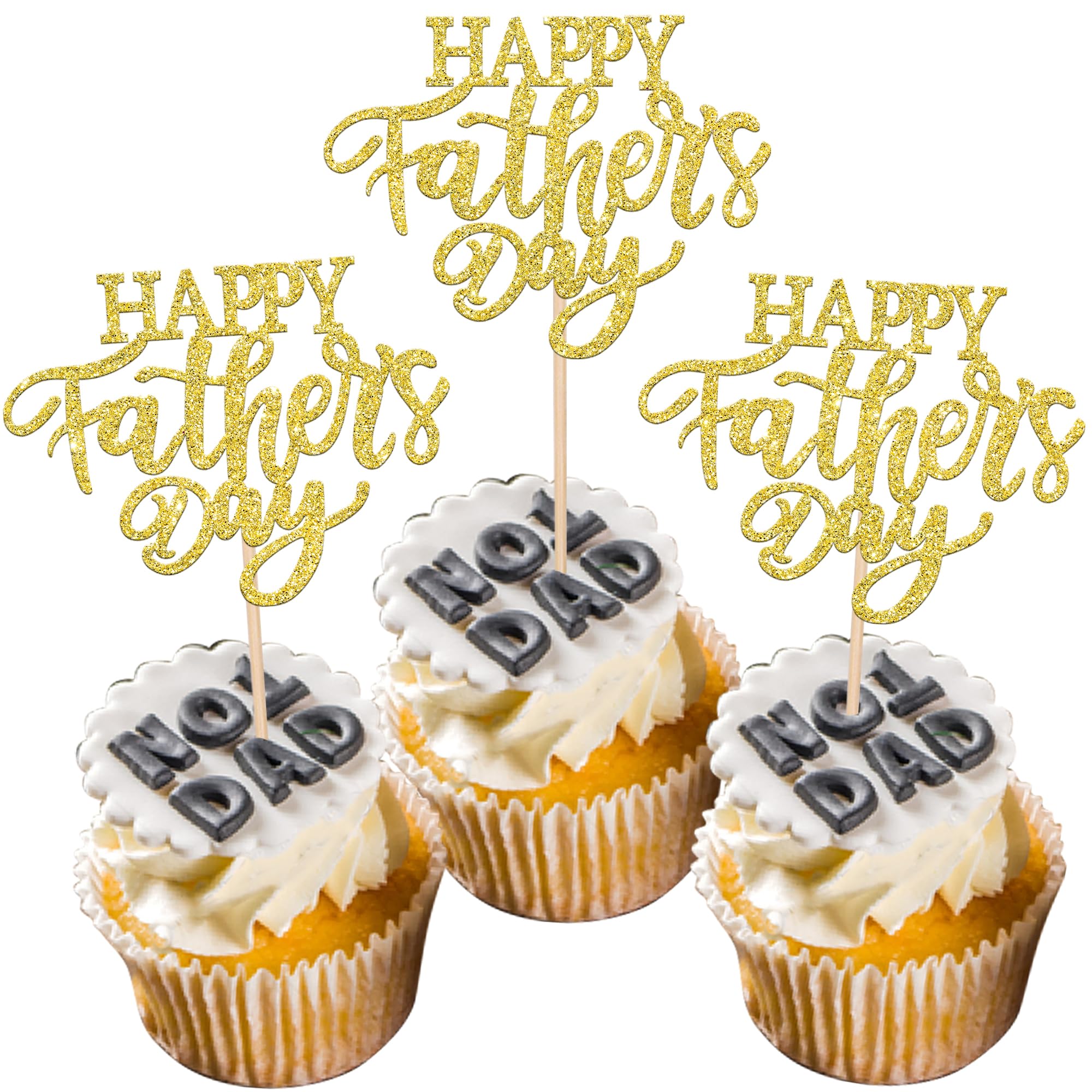 Xsstarmi 24 PCS Happy Father's Day Cupcake Toppers Glitter Love Daddy Best Father Super Dad Cupcake Picks for Happy Father's Day Dad Birthday Party Cake Decorations Supplies Gold