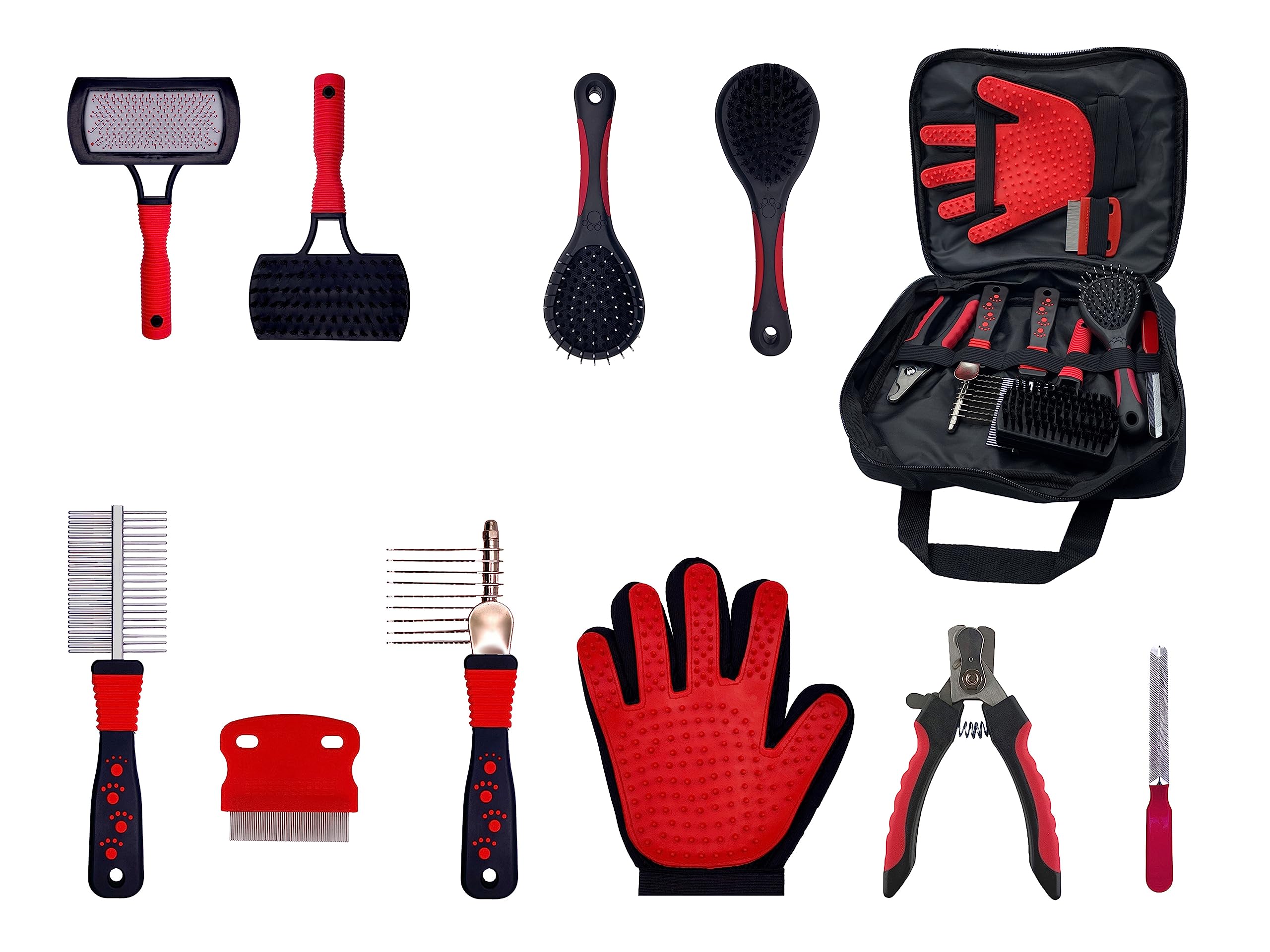 Masterclip Essentials Pet Grooming Set for Dogs Cats - Contains 8 Everyday Grooming Accessories; Dematting Comb, Nail Clippers, Nail Claw File, Double Sided Brushes & Comb, Grooming Glove & Flea Comb