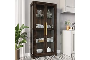 BELLEZE Glass Display Cabinet, Tall Curio Cabinet with Tempered Glass Doors for Living Room, Trophy Display Case - Avalon (Dark Walnut)