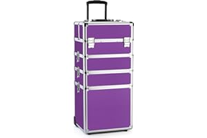 OUDMAY Makeup Case 4 in 1 Professional Cosmetics Rolling Train Organizer with Aluminum Frame and Folding Trays Purple