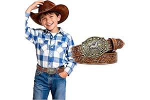 SANSTHS Kids Western Belt for Boys Girls Genuine Leather Cowboy Cowgirl Belts with Detachable Buckle for Jeans Western Gifts