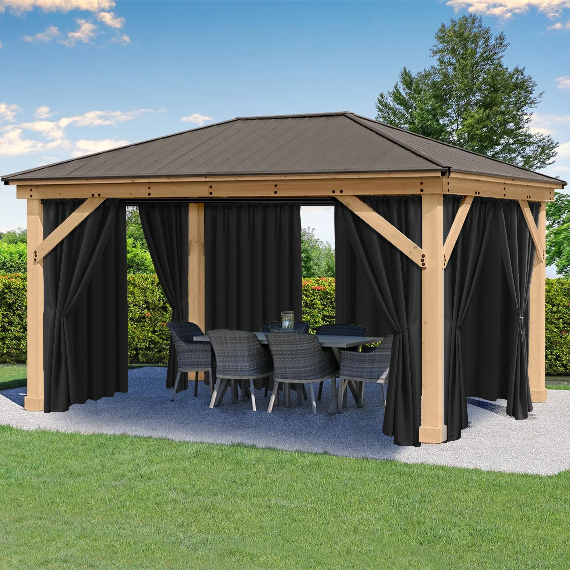 Photo 1 of HolidayIdeas Outdoor Patio Curtains Waterproof with Rod Pocket 8 Panels 54x95 Inch- Protect Privacy Balcony Outdoor Curtains for Apartments,Porch, Gazebo, Pergola, Sliding Glass Door, Black