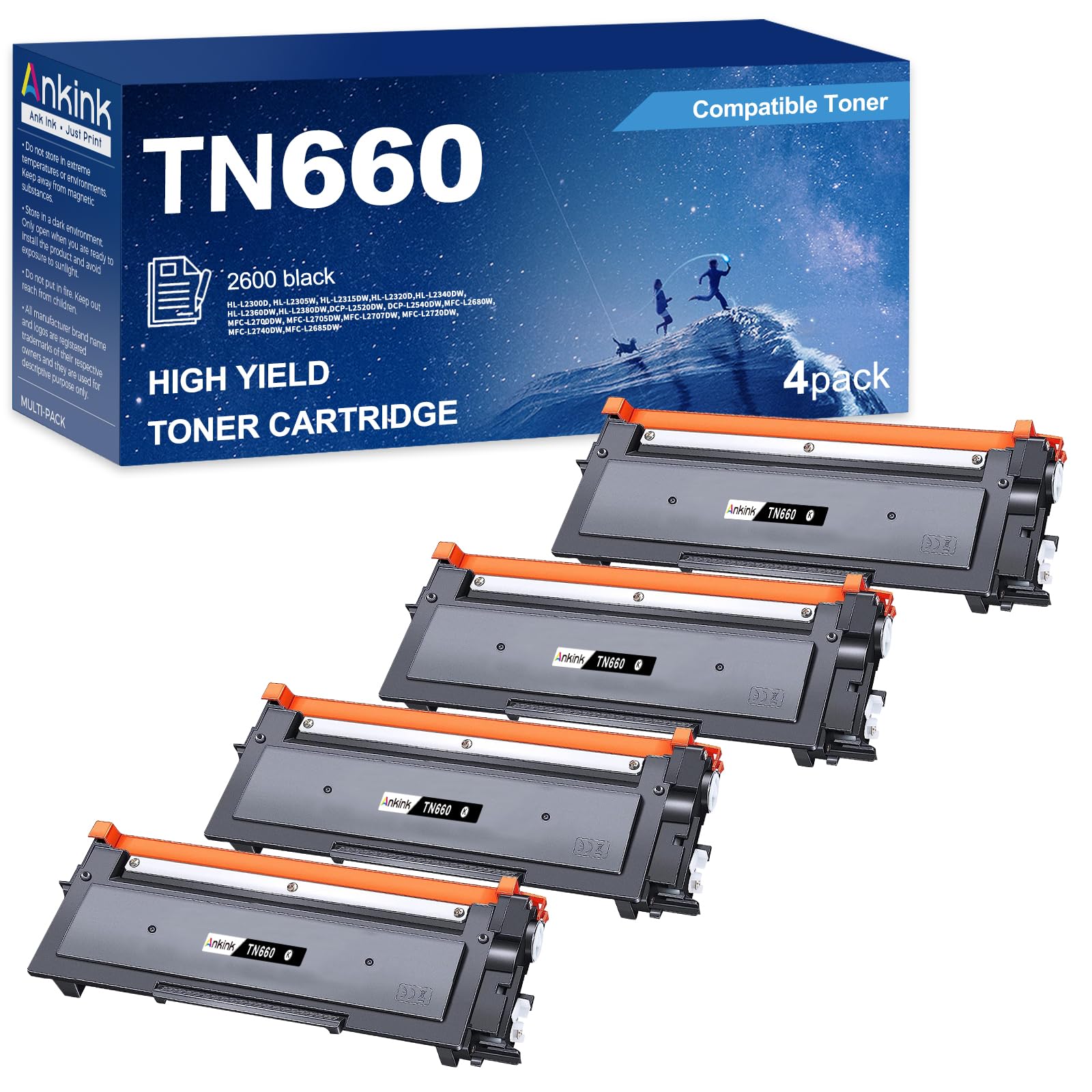 Photo 1 of Ankink Compatible Toner Cartridge Replacement for Brother TN660 TN630 (Black,4 Pack) TN-660 630 to Use with MFC-L2700DW L2720DW L2740DW HL-L2300D L2320D L2360DW L2380DW DCP-L2540DW Printer
