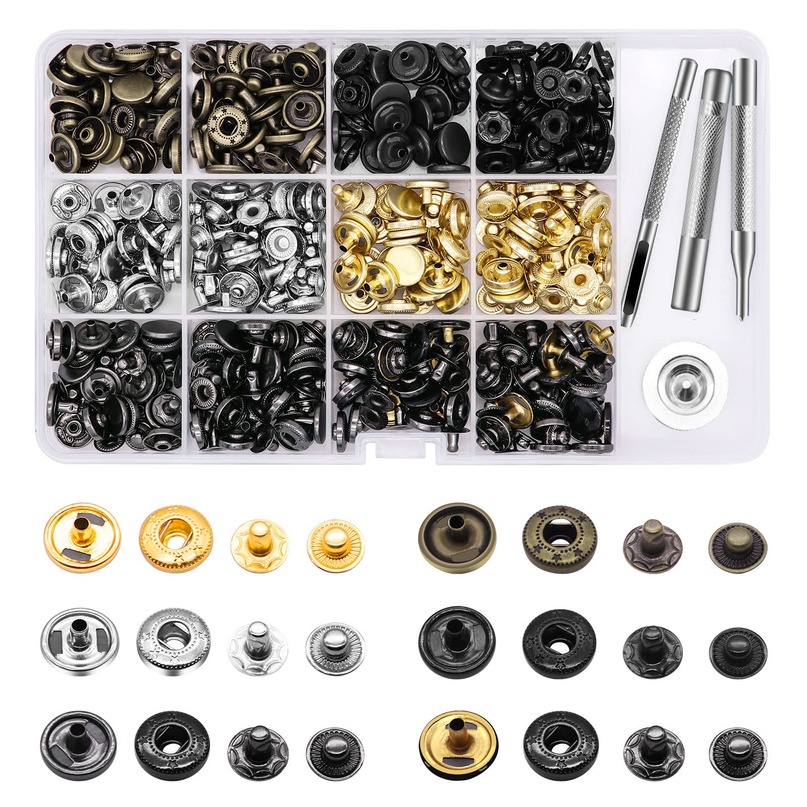 Alritz 120 Set Leather Snap Fasteners Kit, 12.5mm Metal Button Snaps Press Studs with 4 Setter Tools, 6 Colors Leather Snaps for Clothes, Jackets, Jeans Wears, Bracelets, Bags
