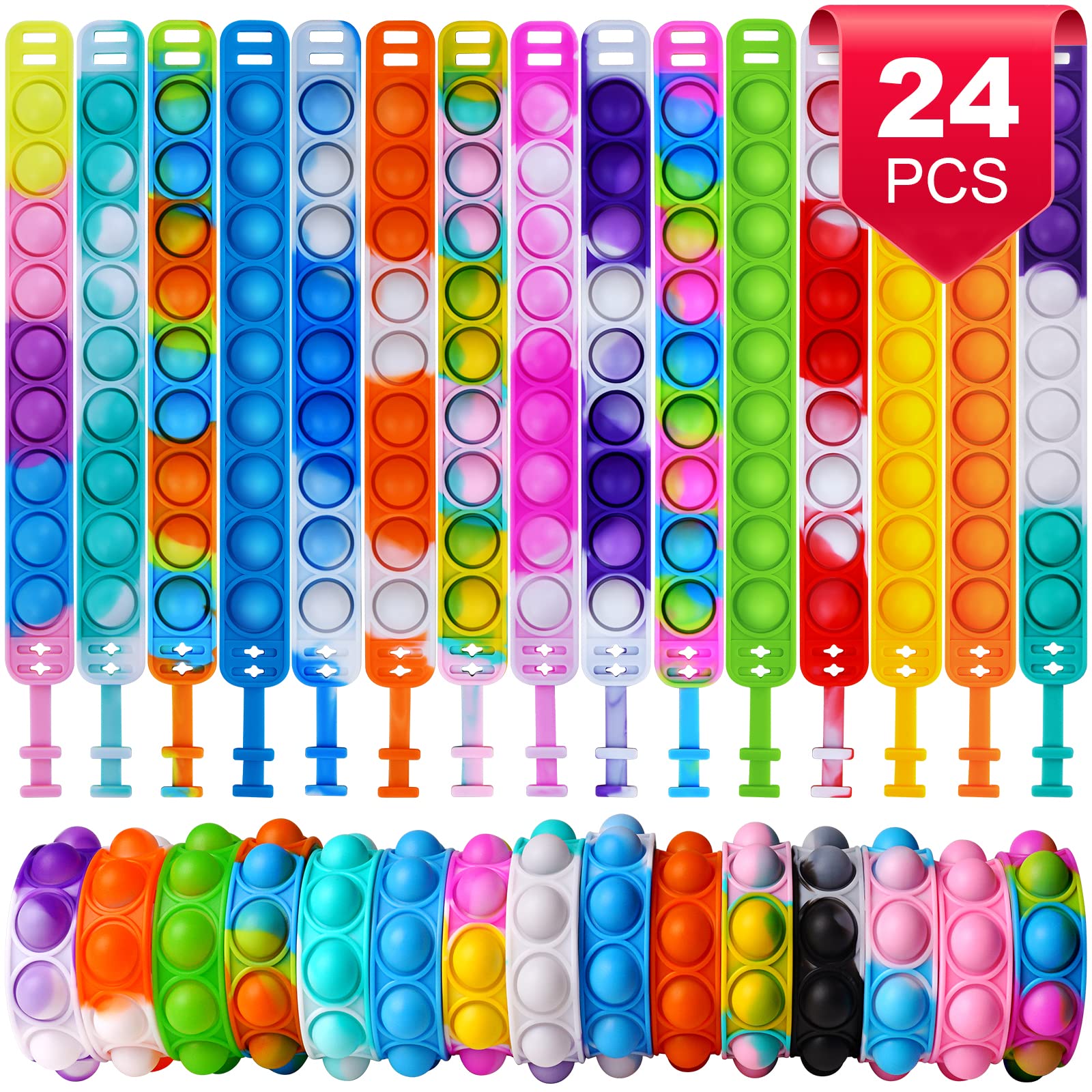 Ainiv 24PCS Fidget Bracelet Toys, Silicone Push Pop Bubble Wristband, Rainbow Multicolor Stress Relief Hand Finger, Poppet Sensory Fidget Bulk Hand Toys for Kids Adults ADHD OCD Anxiety Special Needs