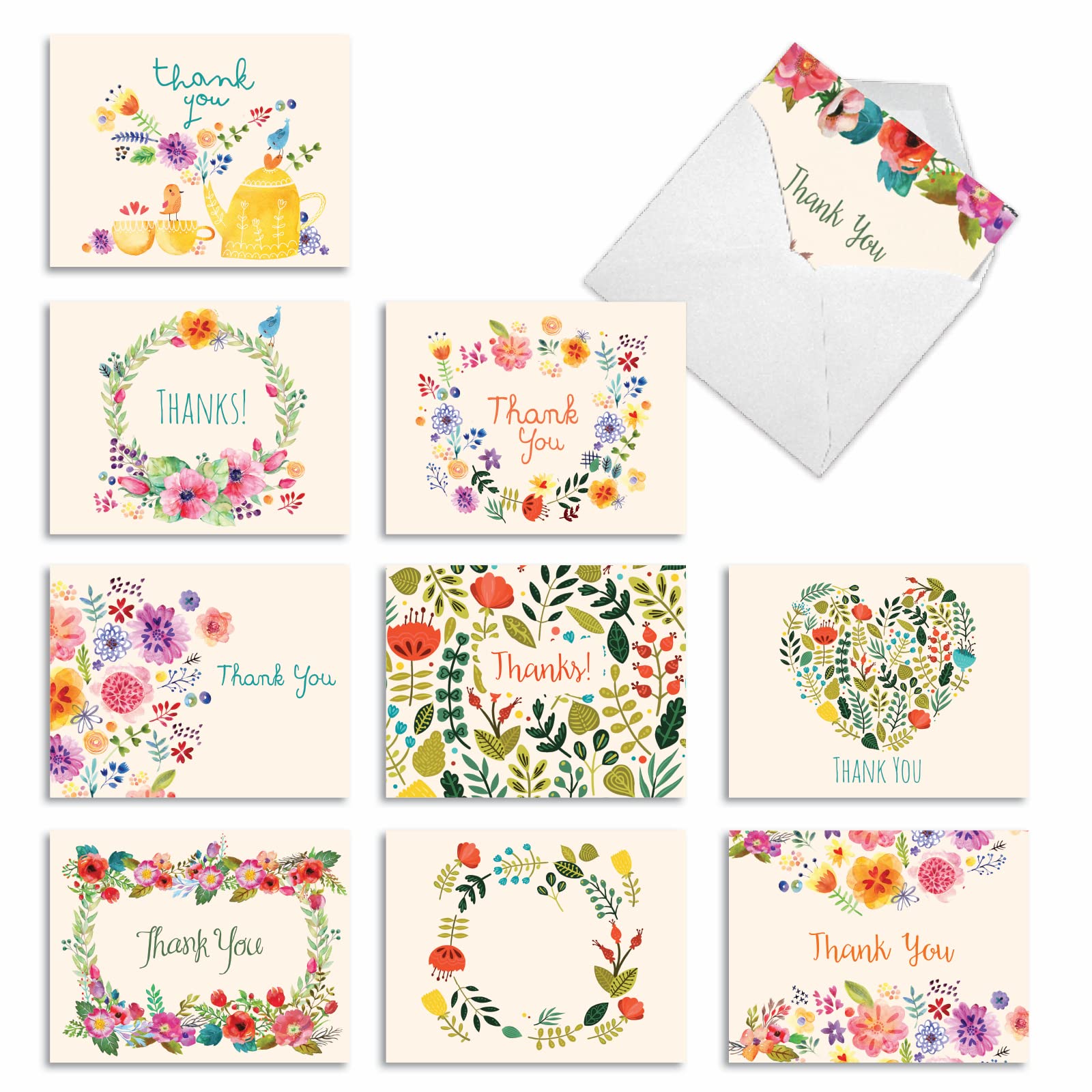 M2364TYGsl Grateful Greetings: 10 Assorted Thank You Note Cards Featuring Images of Sweet Floral Sprays Surrounding the Words Thank You, w/White Envelopes. by The Best Card Company
