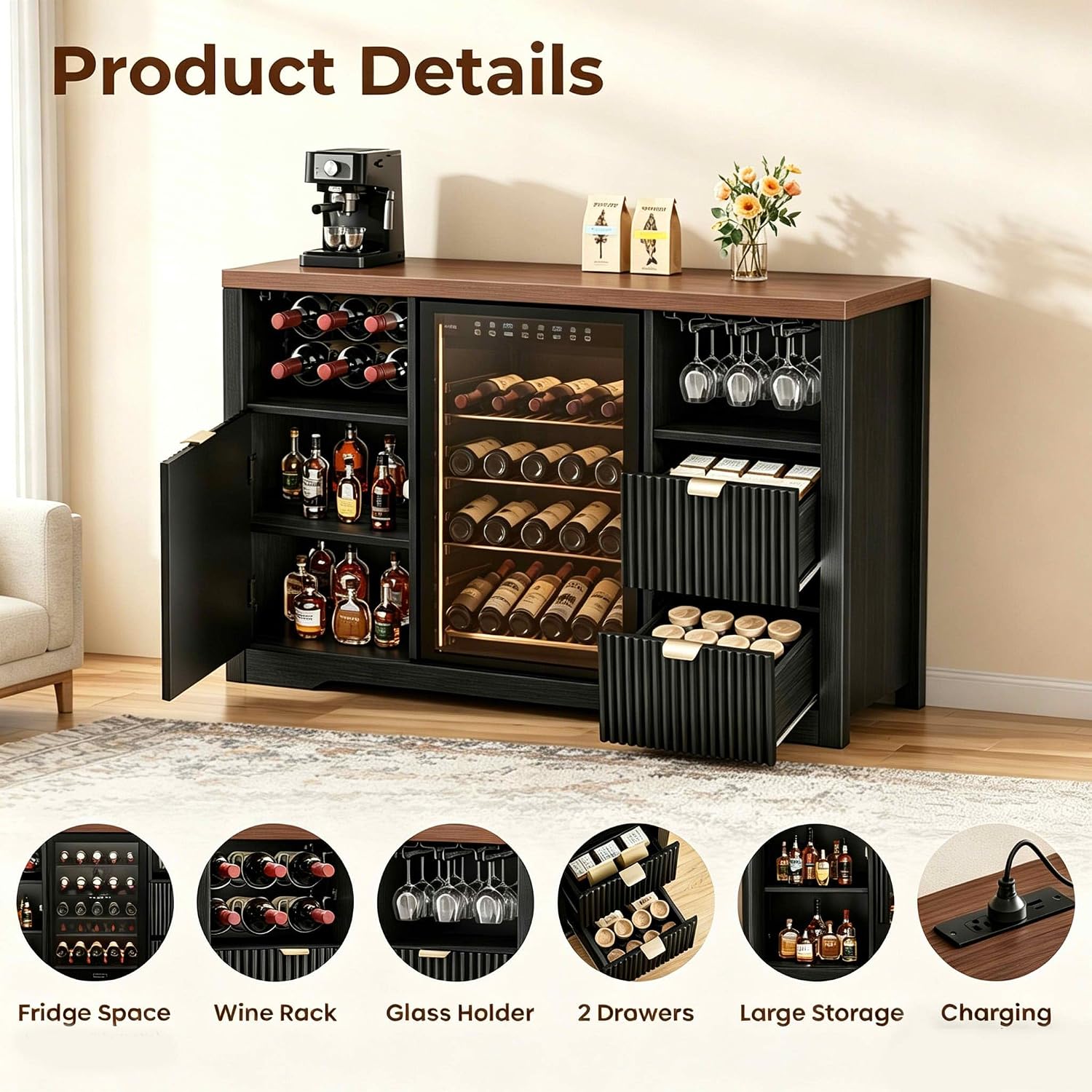 Product details showing wine rack, glass holder, drawers, and fridge space