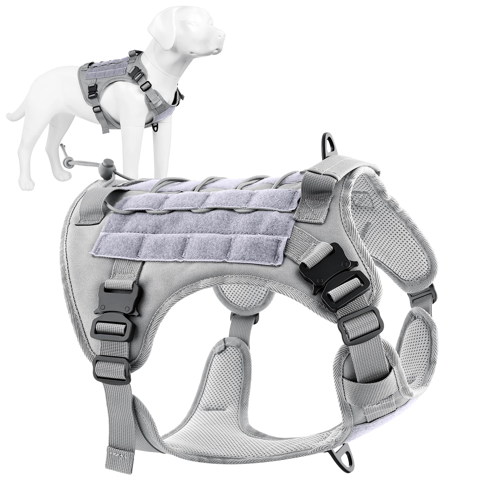 Plutus Pet Tactical Dog Harness with All Metal Buckles, Adjustable, No-pull Service Dog Vest with Molle System for Small Medium Large Dogs (Grey, XL)