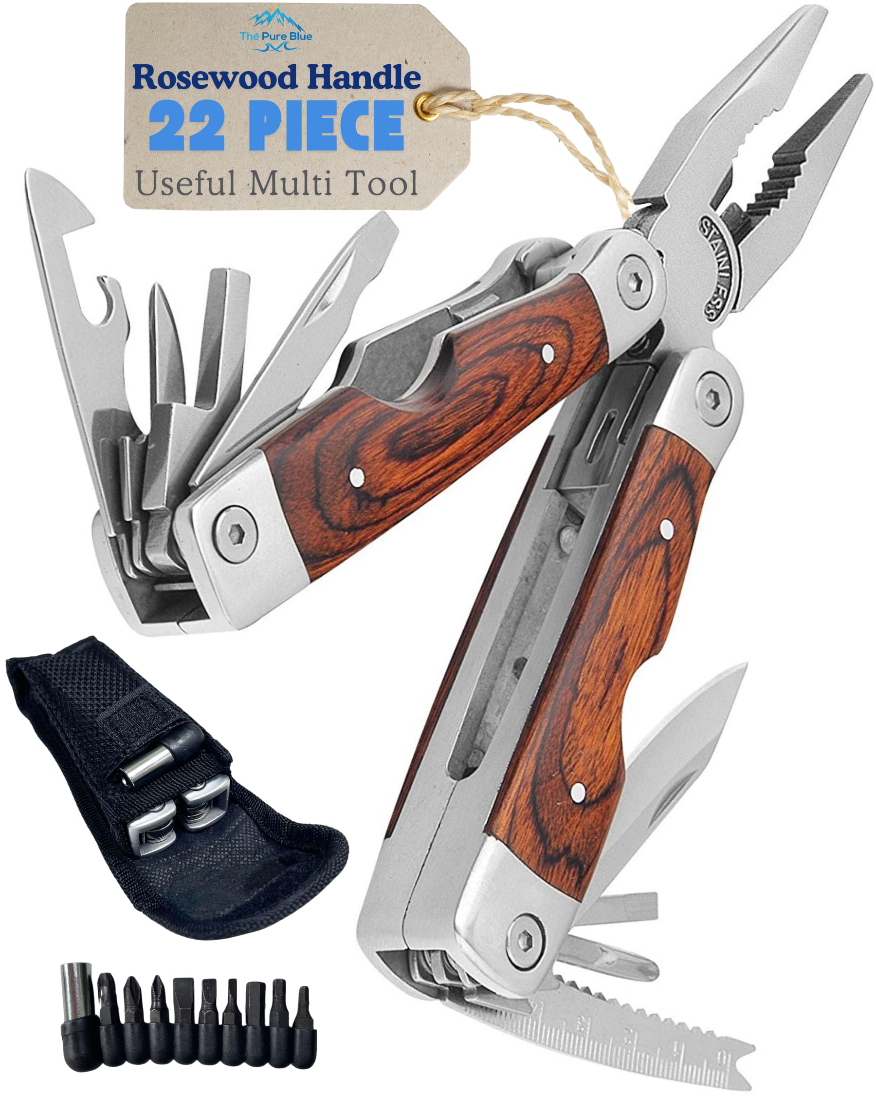 Rosewood Multi Tool, 22 in 1 Tools, Tough Multitool Belt Pouch, Needle & General Pliers, Screwdrivers - Phillips & Flathead, 10 Piece Bit Set, File, 2 Inch Rule, Can Opener, Bottle Opener