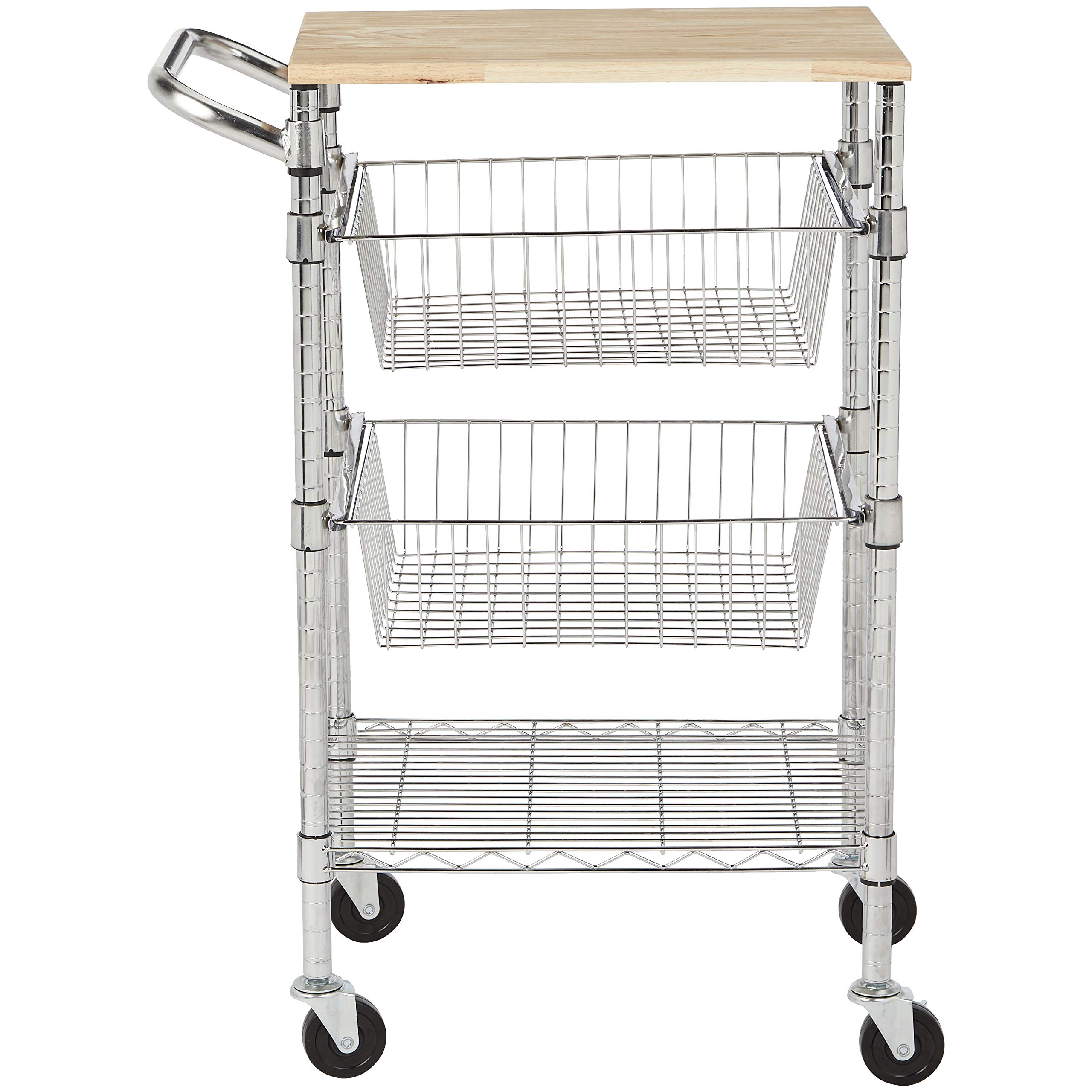 AmazonBasics 3Tier Metal Basket Rolling Cart with Wood Top