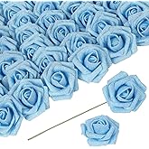 ICBOX Light Blue Roses Artificial Flowers - 30 PCS, 2.17 in Blue Glitter Roses, Foam Flowers with Stem for DIY Wedding Bridal Bouquet, Party Centerpieces Decor
