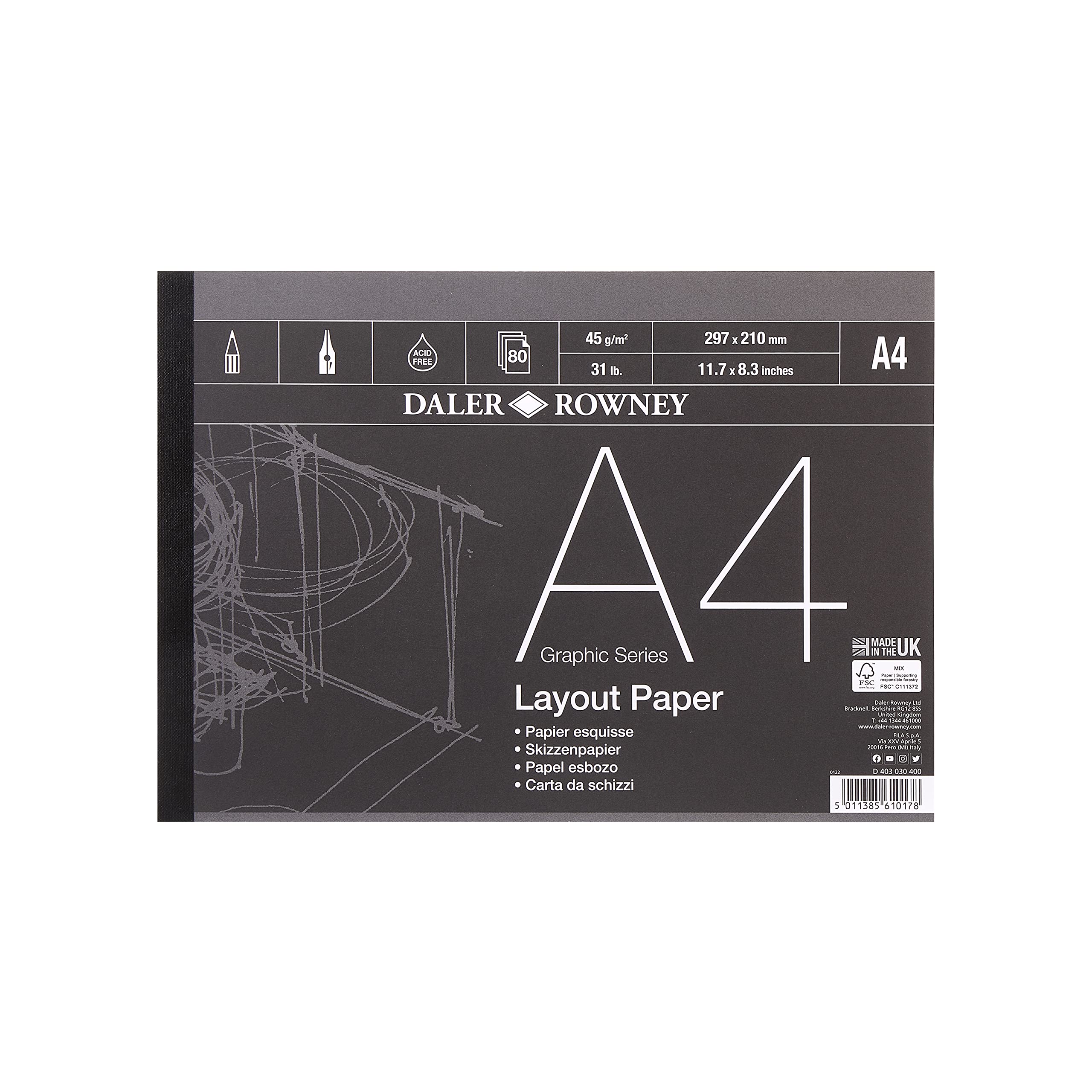 Daler-Rowney Graphic Series 45gsm A4 Layout Paper Pad Glued 1 Side, 80 White Sheets, For Professional Artists & Students