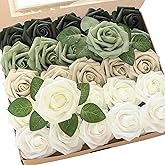 Floroom Artificial Flowers 25pcs Real Looking Emerald Green Ombre Colors Foam Fake Roses with Stems for DIY Wedding Bouquets Bridal Shower Centerpieces Sage Green Floral Arrangements Tables Decoration