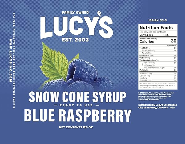 LUCY’S FAMILY OWNED – SHAVED ICE SNOW CONE SYRUP, BLUE RASPBERRY – 1 GALLON (128OZ.)