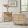 HULALA HOME Farmhouse 3 Drawer Nightstand with Tray, Drawer Organizer with Solid Wood Legs, Nightstand with Charging Station(Set of 2, Natural)