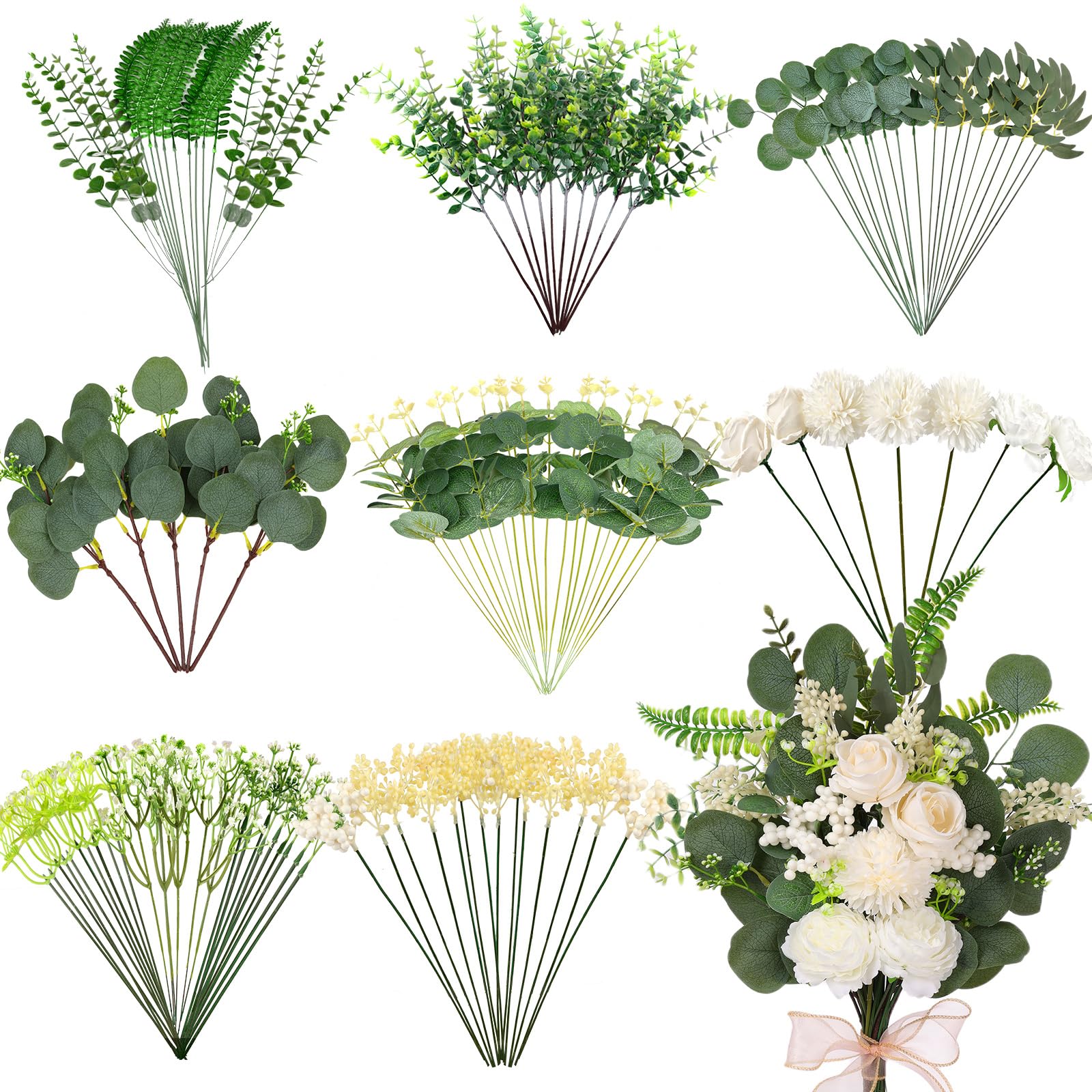 Photo 1 of 120PCS 15 Kinds Artificial Eucalyptus Stems Mixed Faux Eucalyptus Stems Leaves and Flowers Bulk Silver Dollar Eucalyptus Stems for Floral Arrangements Wedding Home Vase Bouquet Greenery Decoration