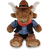 DolliBu Texas Longhorn Stuffed Animal Cowboy Plush with Name Personalization - Western-Themed Longhorn Plush with Cute Cowboy Costume Denim Shirt Vest, Bandana, Leather Pants, and Hat - 9 Inches